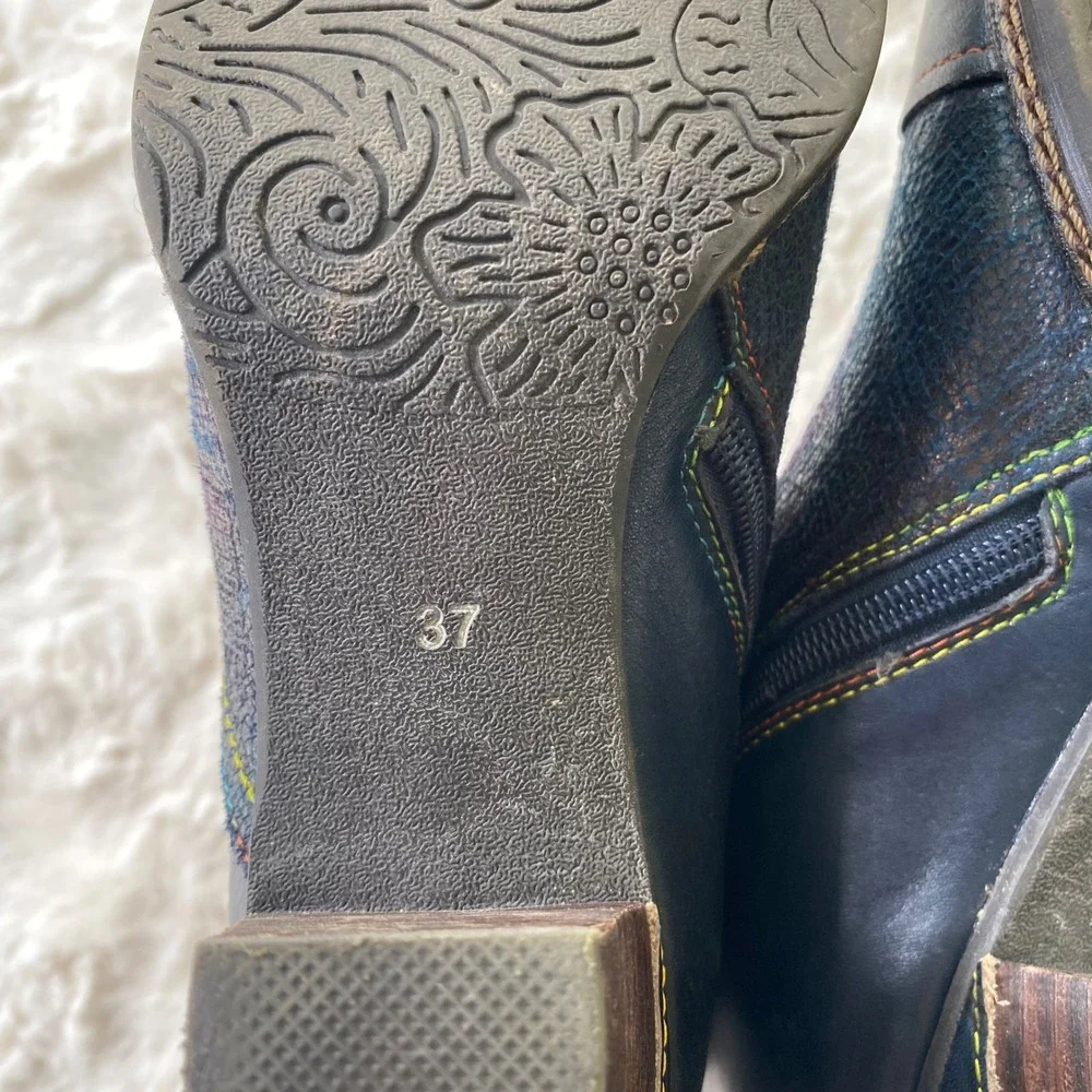 L'Artiste Spring Step Ankle Boots Women 37 Navy Leather Boho Artsy Eclectic